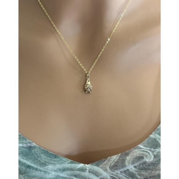 14K Gold Plated Necklace with Bronze Hanging Bat Charm - Picture 3 of 4